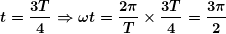 \[ \boldsymbol{t=\frac{{3T}}{4}\Rightarrow \omega t=\frac{{2\pi }}{T}\times \frac{{3T}}{4}=\frac{{3\pi }}{2}} \]