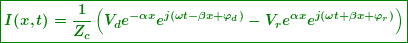 \begin{equation*} \boxed{\boldsymbol{I(x,t)=\frac{1}{{{{Z}_{c}}}}\left( {{{V}_{d}}{{e}^{{-\alpha x}}}{{e}^{{j(\omega t-\beta x+{{{{\varphi }}}_{d}})}}}-{{V}_{r}}{{e}^{{\alpha x}}}{{e}^{{j(\omega t+\beta x+{{{{\varphi }}}_{r}})}}}} \right)}} \end{equation*}