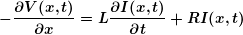 \[ \boldsymbol{-\frac{{\partial V(x,t)}}{{\partial x}}=L\frac{{\partial I(x,t)}}{{\partial t}}+RI(x,t)} \]