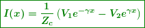 \begin{equation*} \boxed{\boldsymbol{I(x)=\frac{1}{{{{Z}_{c}}}}\left( {{{V}_{1}}{{e}^{{-\gamma x}}}-{{V}_{2}}{{e}^{{\gamma x}}}} \right)}} \end{equation*}