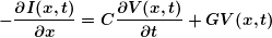 \begin{equation*} \boldsymbol{-\frac{{\partial I(x,t)}}{{\partial x}}=C\frac{{\partial V(x,t)}}{{\partial t}}+GV(x,t)} \end{equation*}