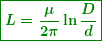 \begin{equation*}  \boldsymbol{\boxed{{L=\frac{\mu }{{2\pi }}\ln {\frac{D}{d}}}}} \end{equation*}