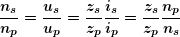 \[ \boldsymbol{\frac{{{{n}_{s}}}}{{{{n}_{p}}}}=\frac{{{{u}_{s}}}}{{{{u}_{p}}}}=\frac{{{{z}_{s}}}}{{{{z}_{p}}}}\frac{{{{i}_{s}}}}{{{{i}_{p}}}}=\frac{{{{z}_{s}}}}{{{{z}_{p}}}}\frac{{{{n}_{p}}}}{{{{n}_{s}}}}} \]