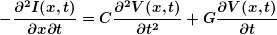 \begin{equation*} \boldsymbol{-\frac{{{{\partial }^{2}}I(x,t)}}{{\partial x\partial t}}=C\frac{{{{\partial }^{2}}V(x,t)}}{{\partial {{t}^{2}}}}+G\frac{{\partial V(x,t)}}{{\partial t}}} \end{equation*}