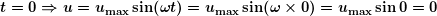 \[ \boldsymbol{t=0\Rightarrow u={{u}_{{\max }}}\sin (\omega t )={{u}_{{\max }}}\sin (\omega \times 0 )={{u}_{{\max }}}\sin 0=0} \]