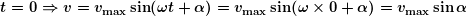 \[ \boldsymbol{t=0\Rightarrow v={{v}_{{\max }}}\sin (\omega t+\alpha )={{v}_{{\max }}}\sin (\omega \times 0+\alpha )={{v}_{{\max }}}\sin \alpha} \]