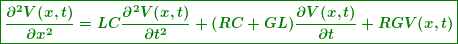 \begin{equation*}  \boldsymbol{\boxed{\frac{{{{\partial }^{2}}V(x,t)}}{{\partial {{x}^{2}}}}=LC\frac{{{{\partial }^{2}}V(x,t)}}{{\partial {{t}^{2}}}}+(RC+GL)\frac{{\partial V(x,t)}}{{\partial t}}+RGV(x,t)}} \end{equation*}