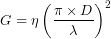 \[G = \eta \left( \frac{\pi \times D}{\lambda} \right)^2\]