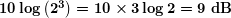 \boldsymbol{10\log \left( {{{2}^{3}}} \right)=10\times 3\log 2=9\textbf{ dB}}