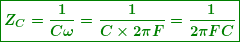 \[ \boxed{\boldsymbol{{{Z}_{C}}=\frac{1}{{C\omega }}=\frac{1}{{C\times 2\pi F}}=\frac{1}{{2\pi FC}}}} \]