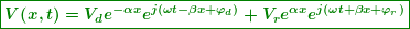 \begin{equation*} \boxed{\boldsymbol{V(x,t)={{V}_{d}}{{e}^{{-\alpha x}}}{{e}^{{j(\omega t-\beta x+{{\varphi }_{d}})}}}+{{V}_{r}}{{e}^{{\alpha x}}}{{e}^{{j(\omega t+\beta x+{{\varphi }_{r}})}}}}} \end{equation*}