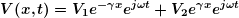 \[ \boldsymbol{V(x,t)={{V}_{1}}{{e}^{{-\gamma x}}}{{e}^{{j\omega t}}}+{{V}_{2}}{{e}^{{\gamma x}}}{{e}^{{j\omega t}}}} \]