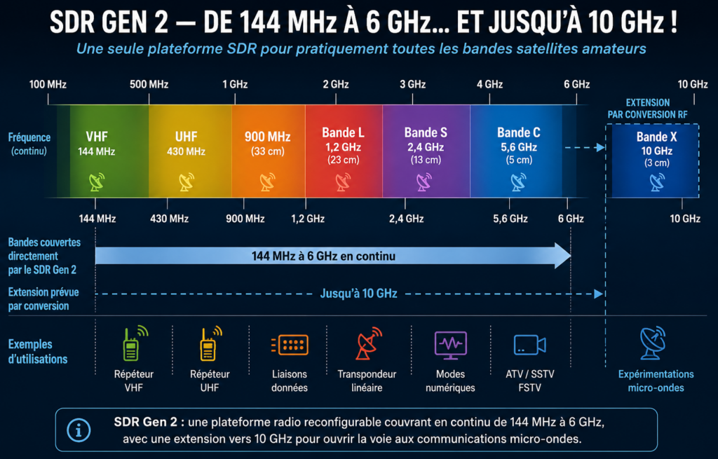 spectre 144 MHz → 6 GHz → 10 GHz, avec VHF/UHF/L/S/C/X