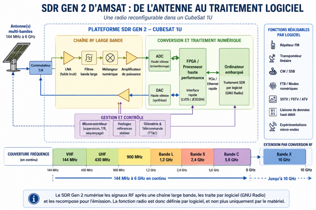 schéma fonctionnel pédagogique du SDR Gen 2, de l'antenne au traitement GNU Radio