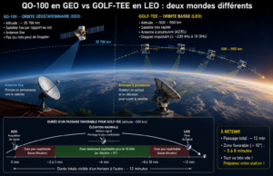 comparaison visuelle QO-100 GEO / GOLF-TEE LEO, avec antenne fixe contre poursuite AZ/EL