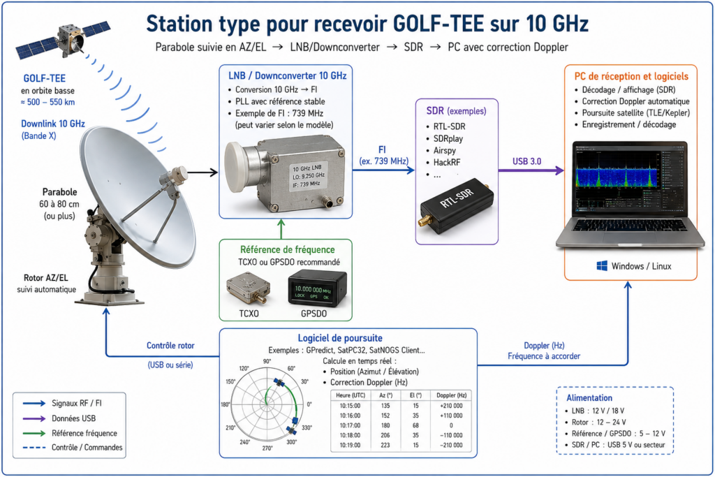 chaîne complète parabole → LNB → SDR → PC, avec la correction Doppler