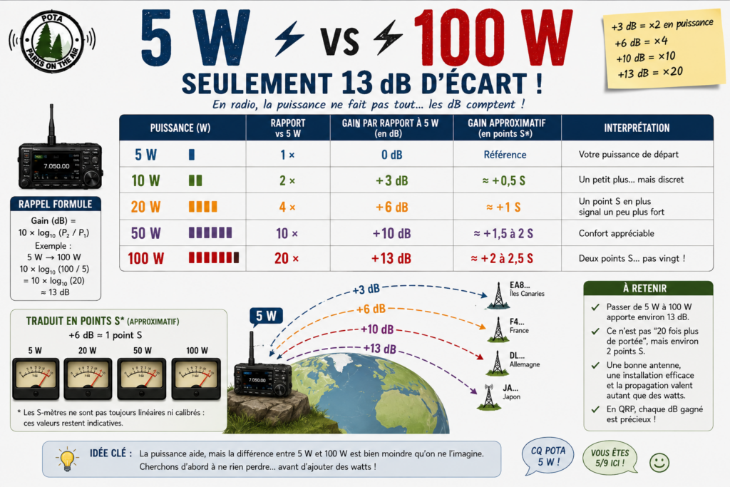 5 W contre 100 W : seulement 13 dB !