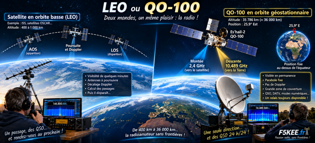 LEO ou QO-100 : deux mondes radio en orbite