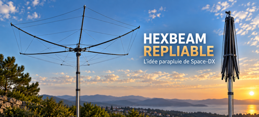 HexBeam repliable, ouverte et repliée