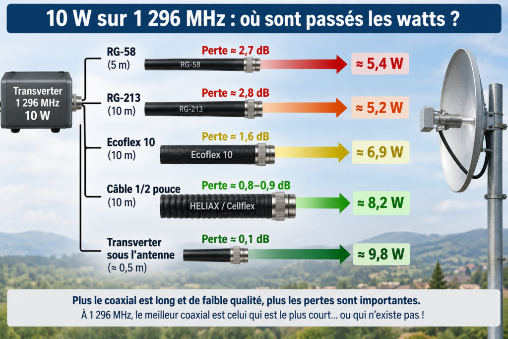 Comparatif des pertes coaxiales à 1 296 MHz