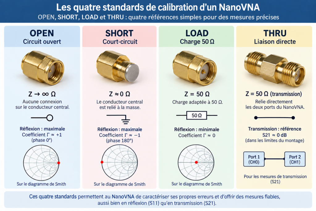Les quatre standards de calibration NanoVNA
