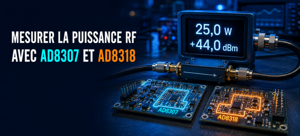 Découvrez comment les AD8307 et AD8318 mesurent la puissance RF en dBm et en watts, des bandes HF aux micro-ondes, avec atténuateur ou coupleur.