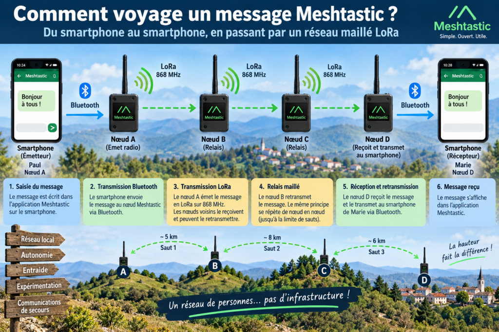 Voyage d’un message Meshtastic en réseau maillé
