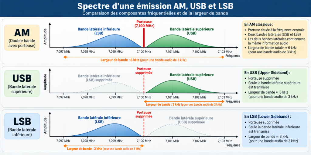 Comparaison des spectres AM, USB et LSB