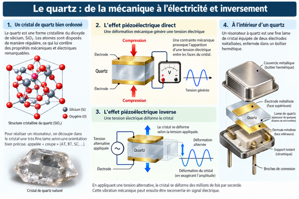 Infographie pédagogique du quartz piézoélectrique