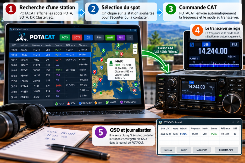 Workflow radioamateur POTACAT en cinq étapes